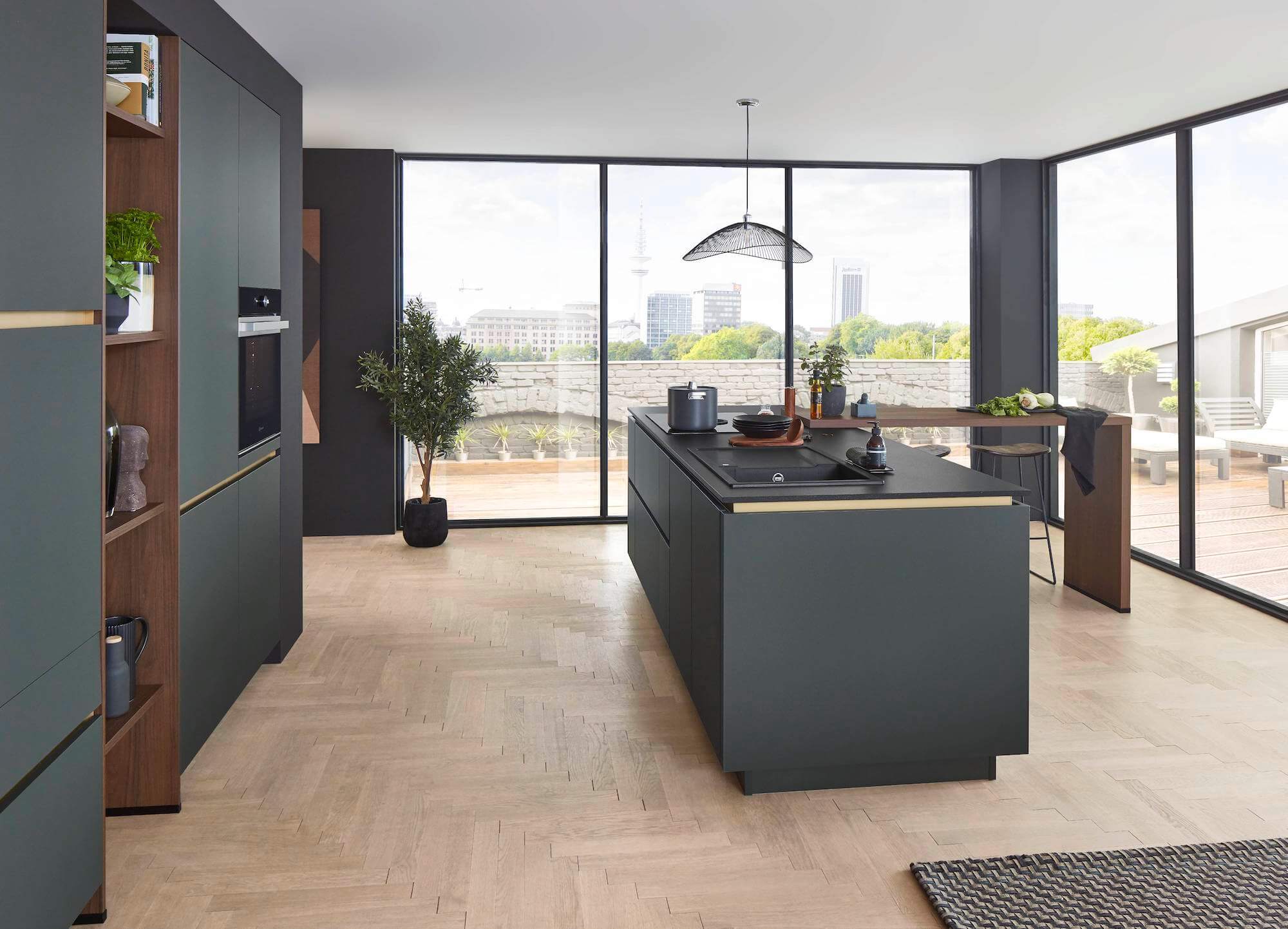 Nobilia Easytouch Design Inselküche grifflos grün gold