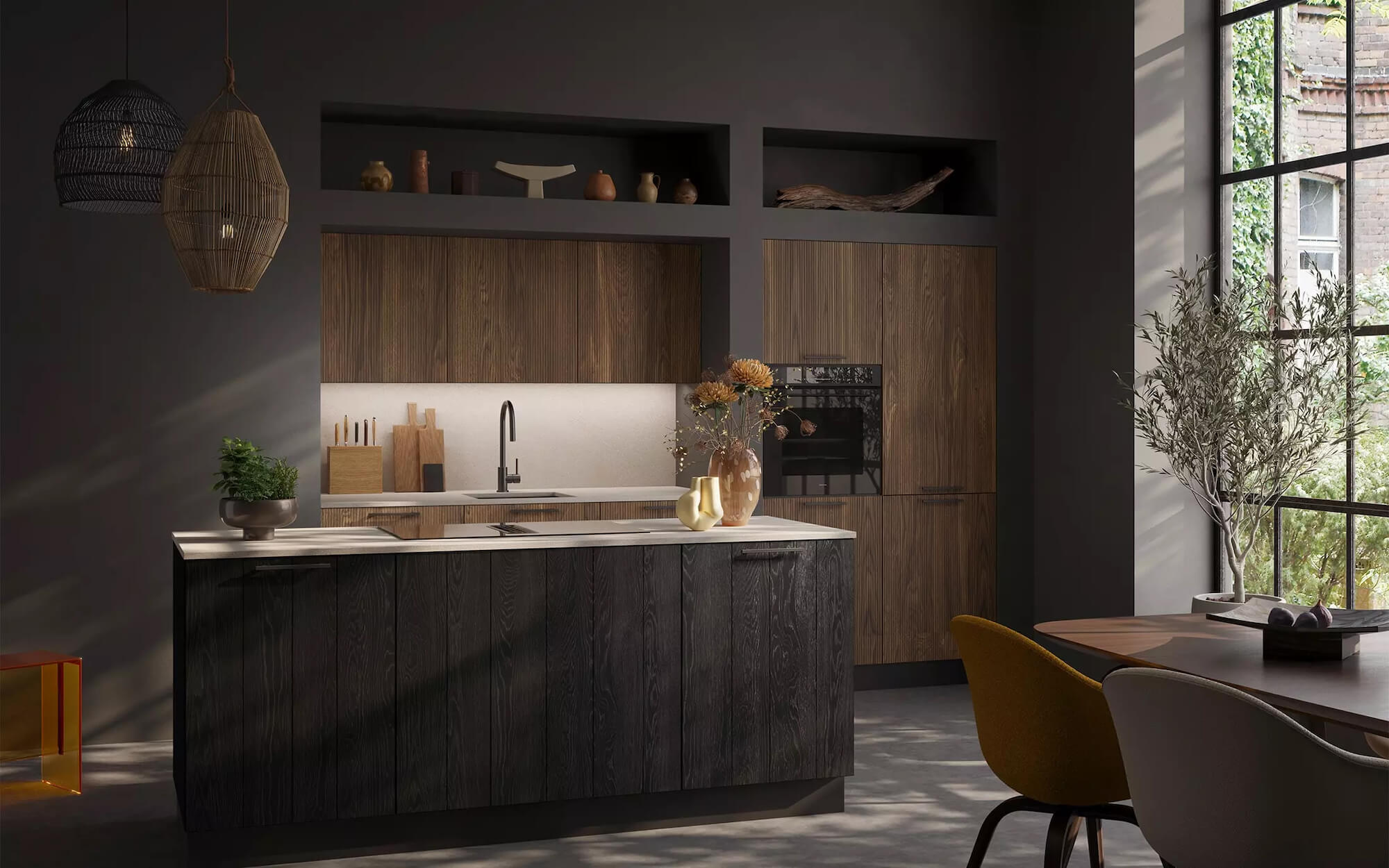 Rotpunkt Design Inselküche Holznachbildung
