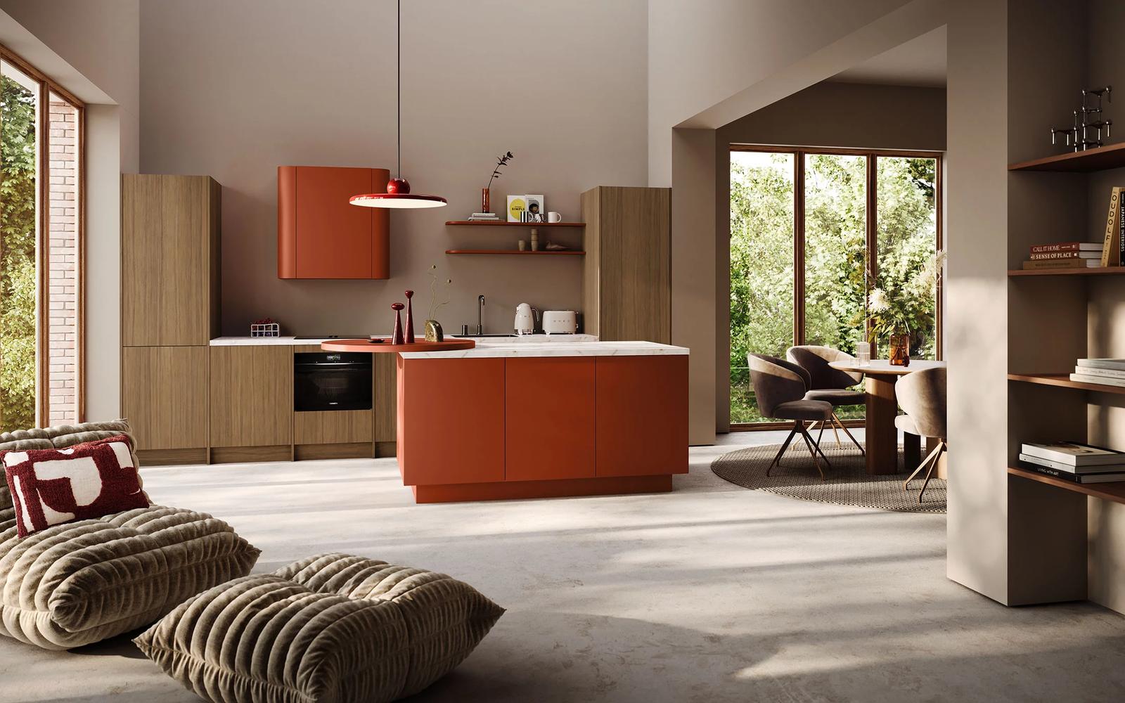 Rotpunkt Design Inselküche Rot mit Kochinsel in Fenix Rosso Namib und Wandzeile in Noce Glaciale